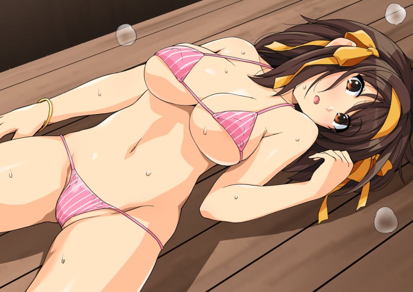 bikini bracelet breasts brown_eyes brown_hair cleavage commentary_request eyebrows_visible_through_hair eyes_visible_through_hair female female hairband hand_to_head haruhisky jewelry large_breasts looking_at_viewer lying micro_bikini navel open_mouth solo spread_legs string_bikini striped striped_bikini suzumiya_haruhi suzumiya_haruhi_no_yuuutsu sweatdrop swimsuit table underboob waiting yellow_hairband