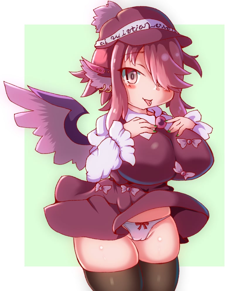 animal_ears blush bow_panties breasts cameltoe ear_piercing earrings grey_eyes hat large_breasts looking_at_viewer mystia_lorelei panties piercing red_hair shiny_skin skindentation skirt skirt_lift standing tagme thick_thighs thighhighs thighs tongue tongue_out tongue_piercing touhou white_panties wings yagi_paranoia