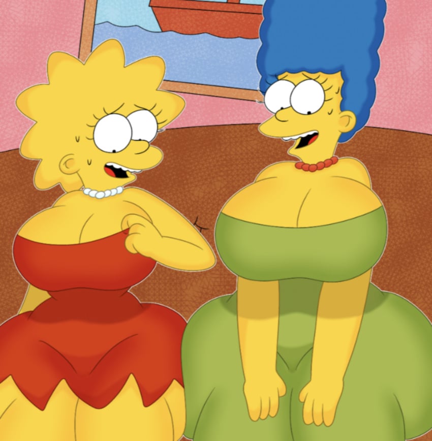 2girls 3barts alternate_breast_size ass_in_dress big_ass big_breasts huge_ass huge_breasts incest lisa_simpson marge_simpson nervous nervous_grin the_simpsons thick_thighs yellow_body