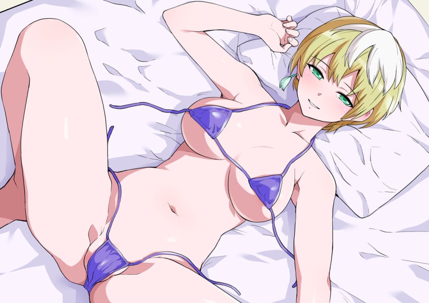 1girls bangs bikini blonde_hair breasts collarbone commentary_request earrings eyebrows_visible_through_hair female green_eyes hand_up haruhisky head_on_pillow indoors izumo_tenka jewelry knee_up large_breasts light-skinned_female light_skin looking_at_viewer lying mato_seihei_no_slave micro_bikini multicolored_hair navel on_back on_bed pillow purple_bikini short_hair smile solo spread_legs stomach string_bikini swimsuit thighs two-tone_hair untied untied_bikini very_short_hair