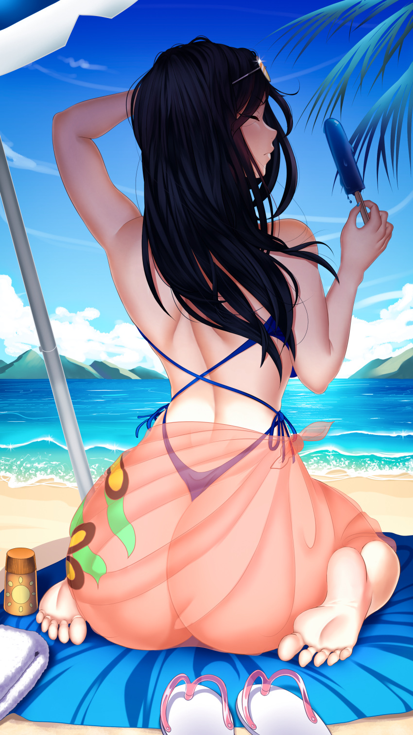 1girls alternate_version_available ass back_view beach big_ass big_butt black_hair bubble_ass bubble_butt butt dat_ass detailed_background fat_ass feet female female_only large_ass long_hair nico_robin one_piece popsicle rezeharu sarong sitting solo solo_female swimsuit thick thick_ass voluptuous