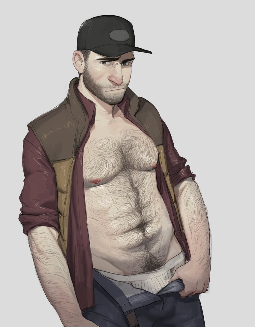 baseball_cap beard body_hair chest_hair dilf facial_hair gay hairy happy_trail jockstrap looking_at_viewer male male_only open_pants open_shirt partially_undressed philipposole silent_hill silent_hill_origins solo travis_grady underwear undressing white_background