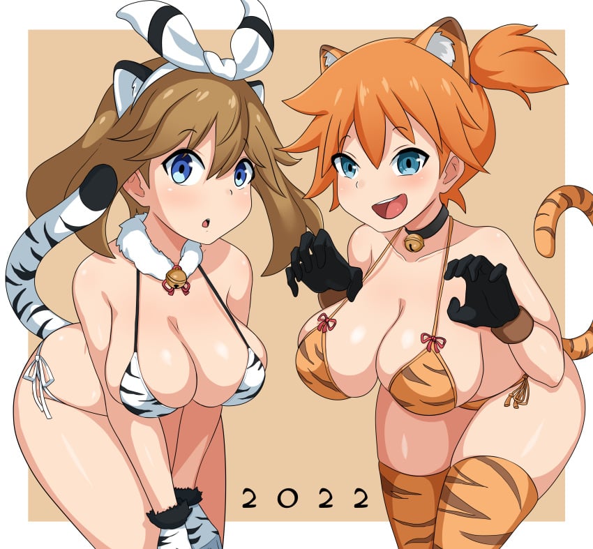 2022 2girls big_breasts blue_eyes breasts brown_hair duo eye_contact fake_animal_ears female female_only game_freak gloves hagarza_p human human_only kasumi_(pokemon) legwear looking_at_viewer may_(pokemon) medium_hair misty_(pokemon) nintendo orange_hair pokemon pokemon_rgby pokemon_rse short_hair simple_background tail thick_thighs thighs tiger_ears tiger_print tiger_tail white_tiger_print year_of_the_tiger