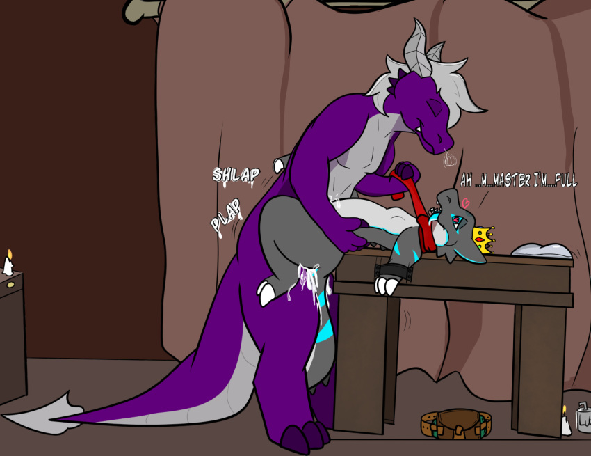 anthro arms_tied bodily_fluids bound crown cum cum_inside dragon duo furniture genital_fluids heart kobold male male/male razigator size_difference table text tongue tongue_out