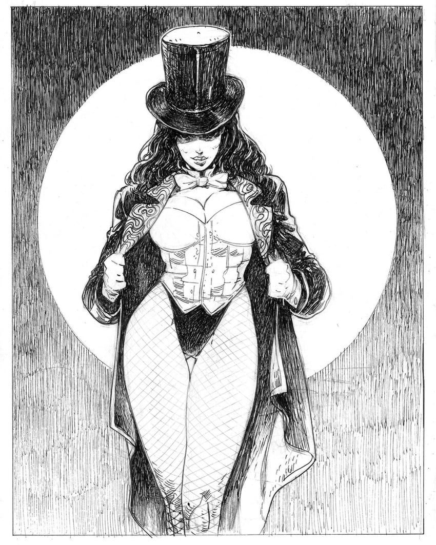 1girls 2d_(artwork) big_breasts bowtie cleavage dc dc_comics eyes female female_focus female_only filipe_andrade_artist fishnet_legwear fishnets fully_clothed handdrawn hi_res highres hourglass_figure human human_only large_breasts looking_at_viewer magician magician_hat monochrome shadow_on_eyes sketch sole_female solo solo_female solo_focus straight_hair traditional_media_(artwork) zatanna zatanna_zatara