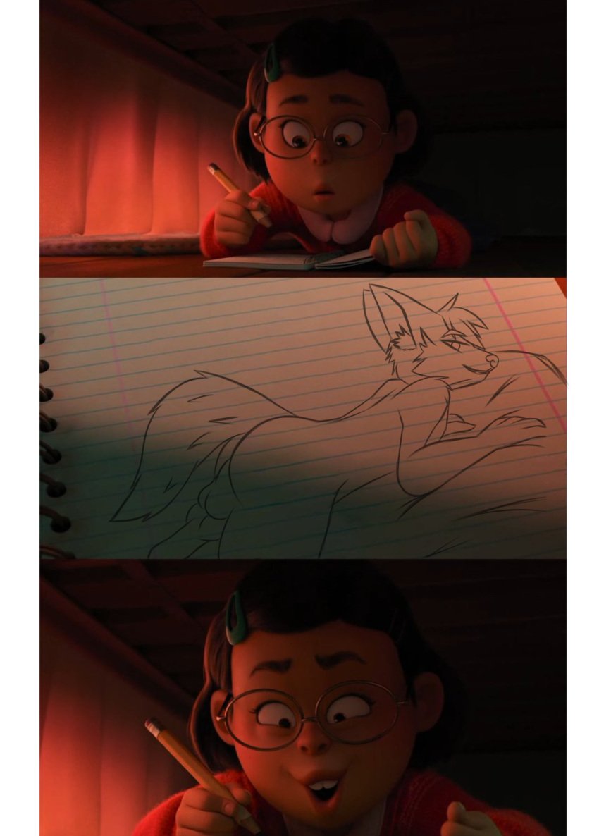 absurd_res anthro ass balls bed canid canine canis disney drawing duo fox fox_tail furniture genitals hi_res humanoid hybrid looking_at_viewer lying lying_on_bed male mammal mei_lee meis_art_meme meme on_bed penis pixar shonow skade_(artist) turning_red wolf