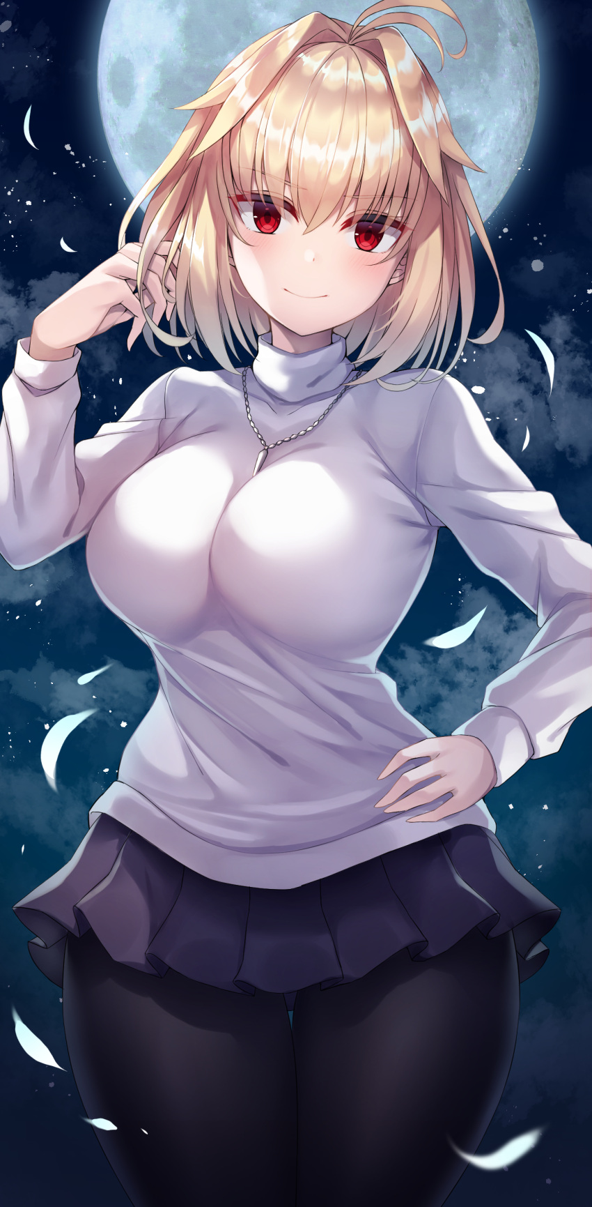 arcueid_brunestud big_breasts black_legwear blonde_hair blush cleavage curvy female female_only fully_clothed hair_intakes hi_res looking_at_viewer moon nano_(syoutamho) necklace night outside pantyhose red_eyes short_hair smile solo sweater thick_thighs thigh_gap thin_waist tsukihime turtleneck turtleneck_sweater type-moon wide_hips