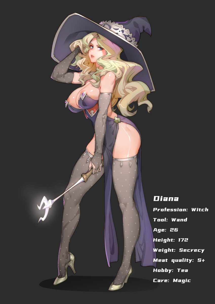 1girls aged_up areola areola_slip big_breasts blonde_hair blue_eyes character_profile chunlieater diana_cavendish gloves grey_legwear hat high_heels little_witch_academia older open_mouth pinup shiny shiny_hair shiny_skin skindentation slq solo thick_thighs wand witch witch_hat