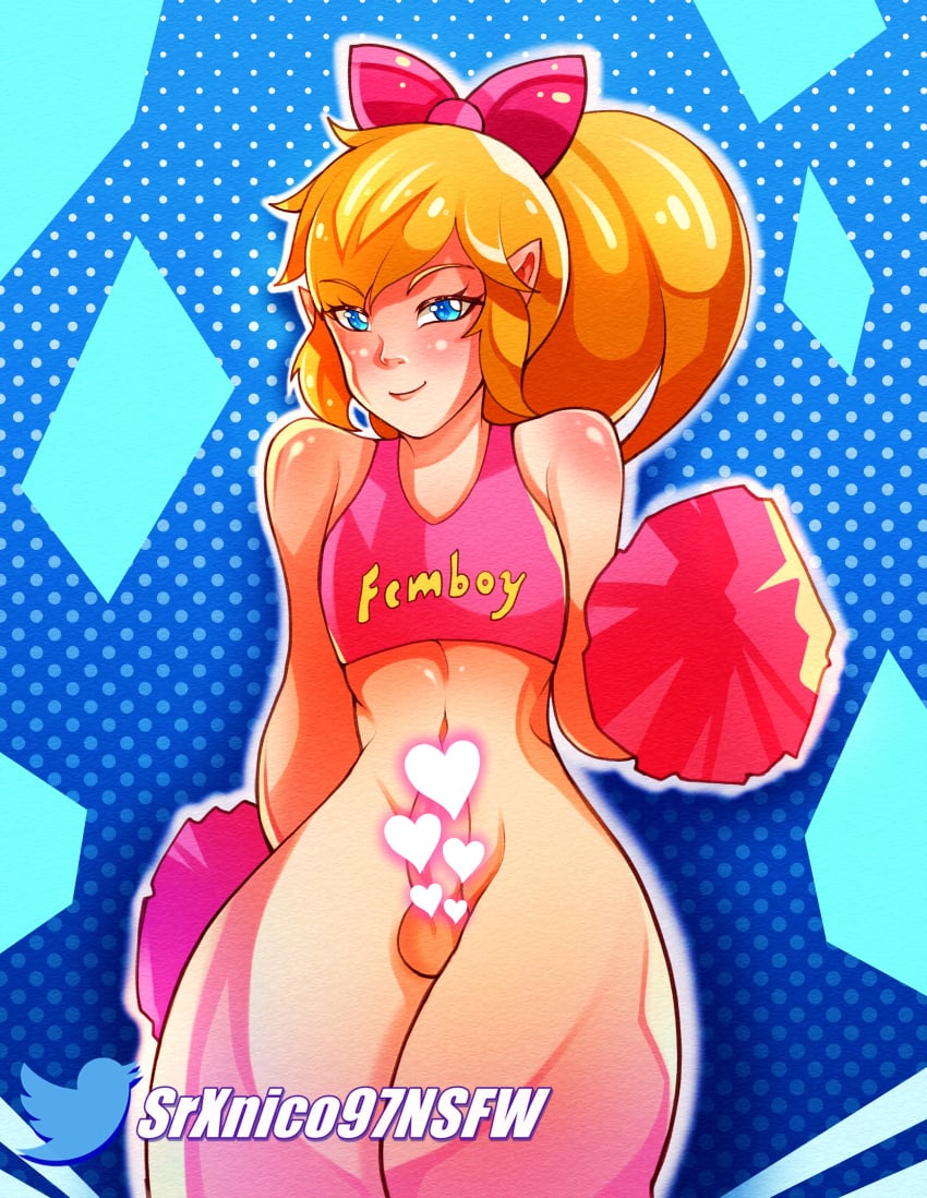 1boy androgynous blonde_hair blue_eyes cheerleader cheerleader_link crossdressing cute_male erection femboy feminine_male feminization girly link male_only nintendo otoko_no_ko penis pinup ponytail ribbon smile solo solo_male srxnico97 the_legend_of_zelda trap tri_force_heroes uncensored_version_at_source