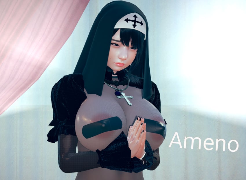 1girls 3d amen ameno band-aid bandage big_breasts bodysuit christian_cross church cosplay covered_nipples cross cross_necklace dorime english_text honey_select honey_select_2 large_breasts meme nun nun_outfit praying religion see-through see-through_clothing shiny_skin sister skinsuit solo text theduudeman tight_clothing