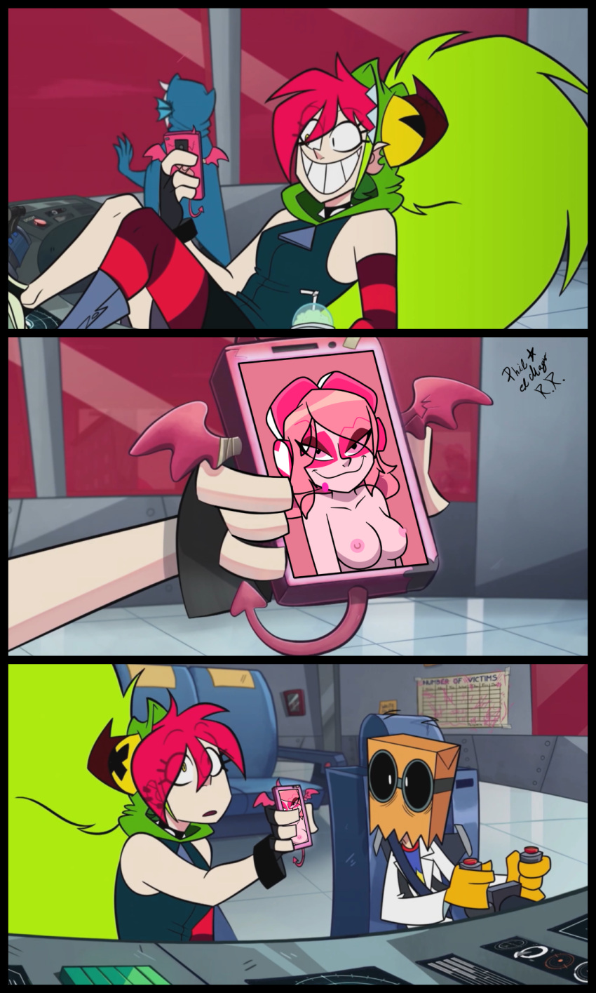 2girls areolae breasts cartoon_network cellphone clothing demencia_(villainous) dr._flug_(villainous) long_sleeves miss_heed_(villainous) multiple_boys nipples phil_el_mago philelmago pink_body pink_hair smile tagme villainous