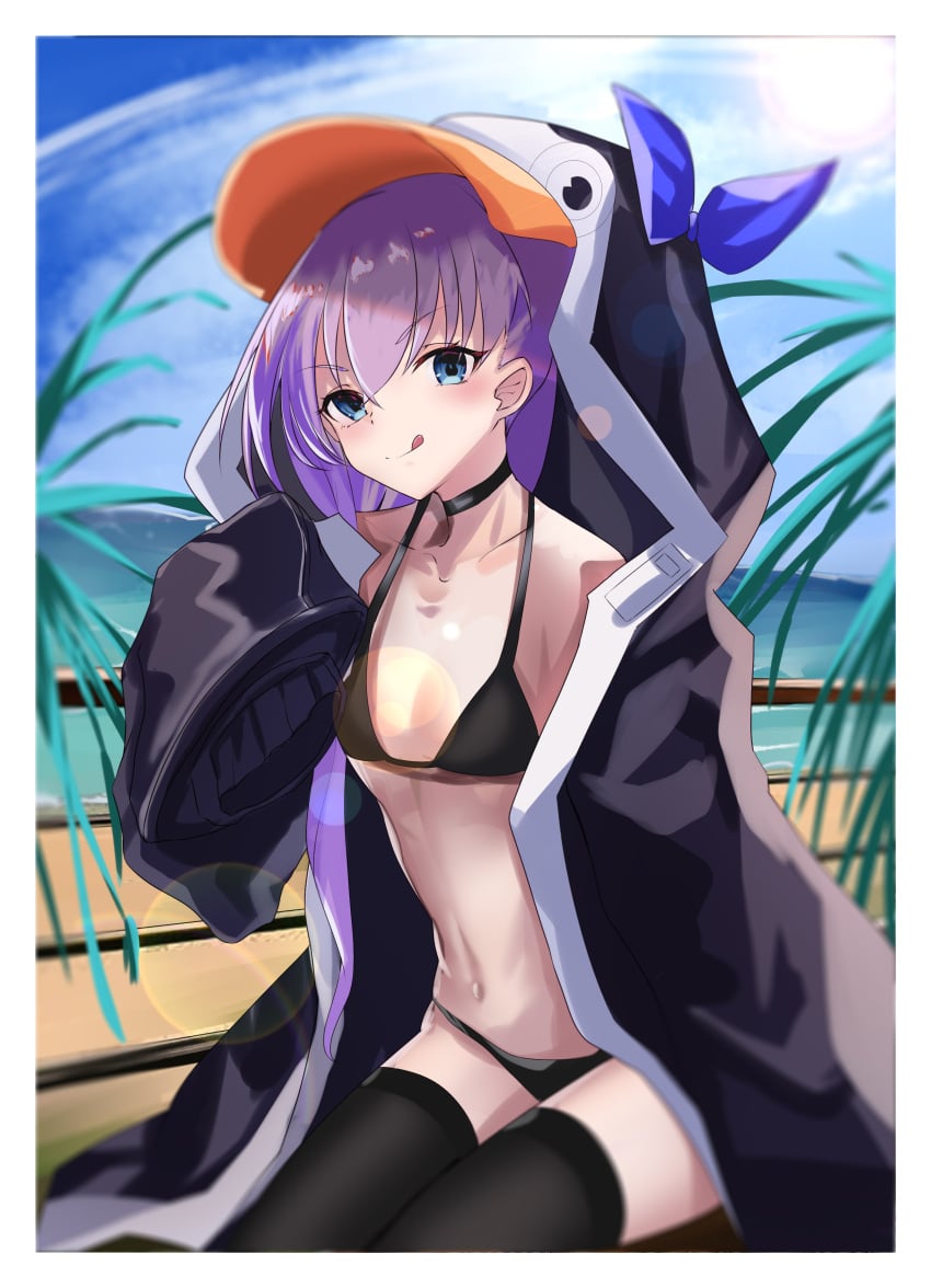 1girls absurdres animal_hood bangs bare_shoulders bikini black_bikini black_jacket blue_bow blue_eyes blue_sky blush bow breasts choker closed_mouth collarbone fate/grand_order fate_(series) female highres hood hood_up jacket licking_lips long_hair long_sleeves looking_at_viewer meltryllis_(fate) meltryllis_(swimsuit_lancer)_(fate) musicatopos navel open_clothes open_jacket oversized_clothes penguin_hood purple_hair sitting sky sleeves_past_fingers sleeves_past_wrists small_breasts smile swimsuit thighs tongue tongue_out very_long_hair