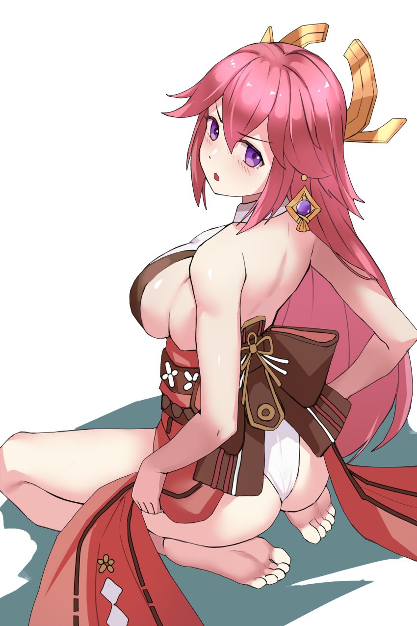 1girls animal_ears ass bare_arms bare_back bare_legs barefoot blush breasts earrings embarrassed feet genshin_impact haimei1980 hair_ornament japanese_clothes jewelry large_breasts long_hair looking_at_viewer looking_back obi open_mouth pink_hair purple_eyes sash seiza sitting soles yae_miko