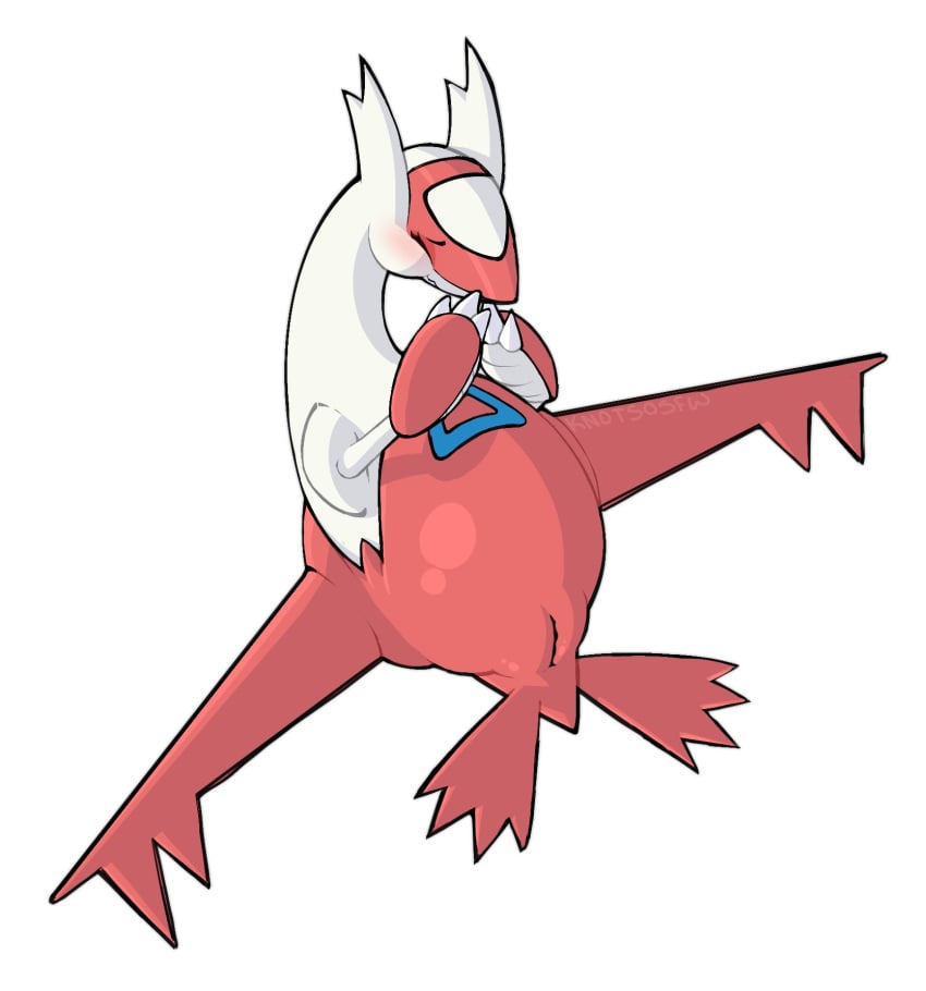 blush female feral genitals hi_res knotsosfw latias legendary_pokémon mammal nintendo pokemon pokemon_(species) pussy red_body simple_background smile solo video_games white_background white_body