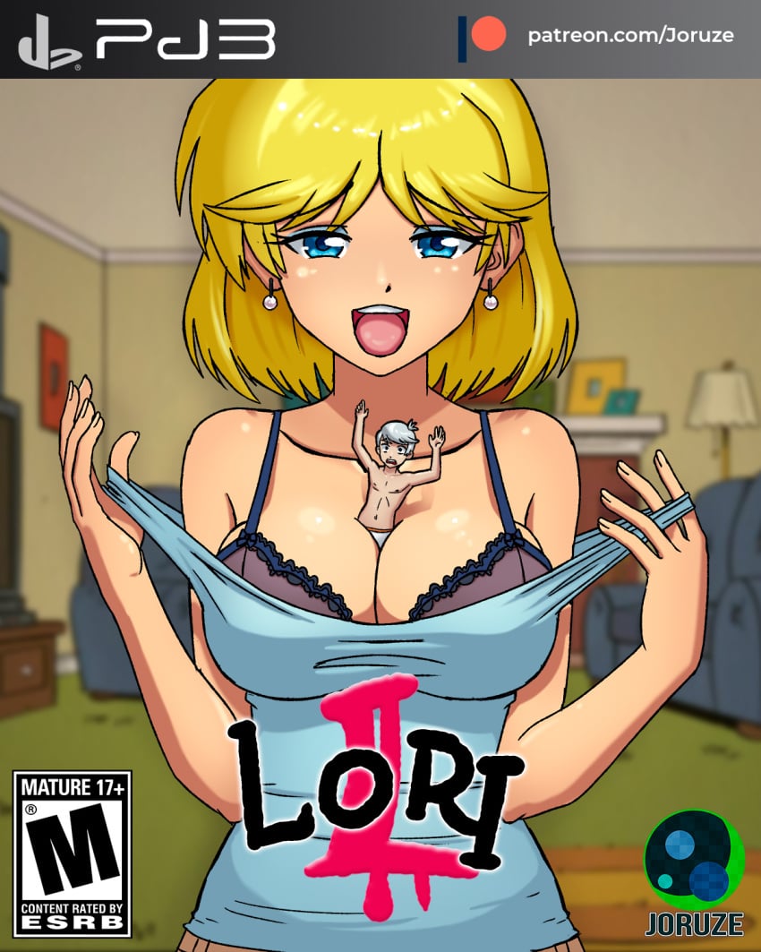 1boy 1girls artist_name between_breasts blonde_female bra brother_and_sister catherine_(game) catherine_cover_parody giantess highres joruze lincoln_loud looking_at_viewer lori_loud macro/micro micro miniboy older_sister parody playstation_3 the_loud_house video_games web_address younger_brother