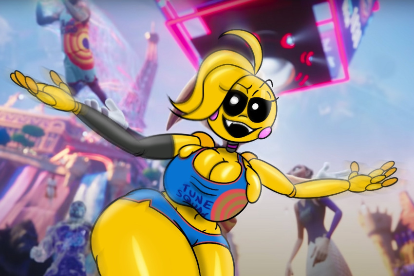 animatronic basketball basketball_uniform big_ass big_breasts big_butt cartoon_network choker crossover curvy digital_media_(artwork) five_nights_at_freddy's five_nights_at_freddy's_2 fnaf looney_tunes robot robot_girl shorts space_jam tank_top thiccgumbear thick thick_thighs toy_chica_(fnaf)