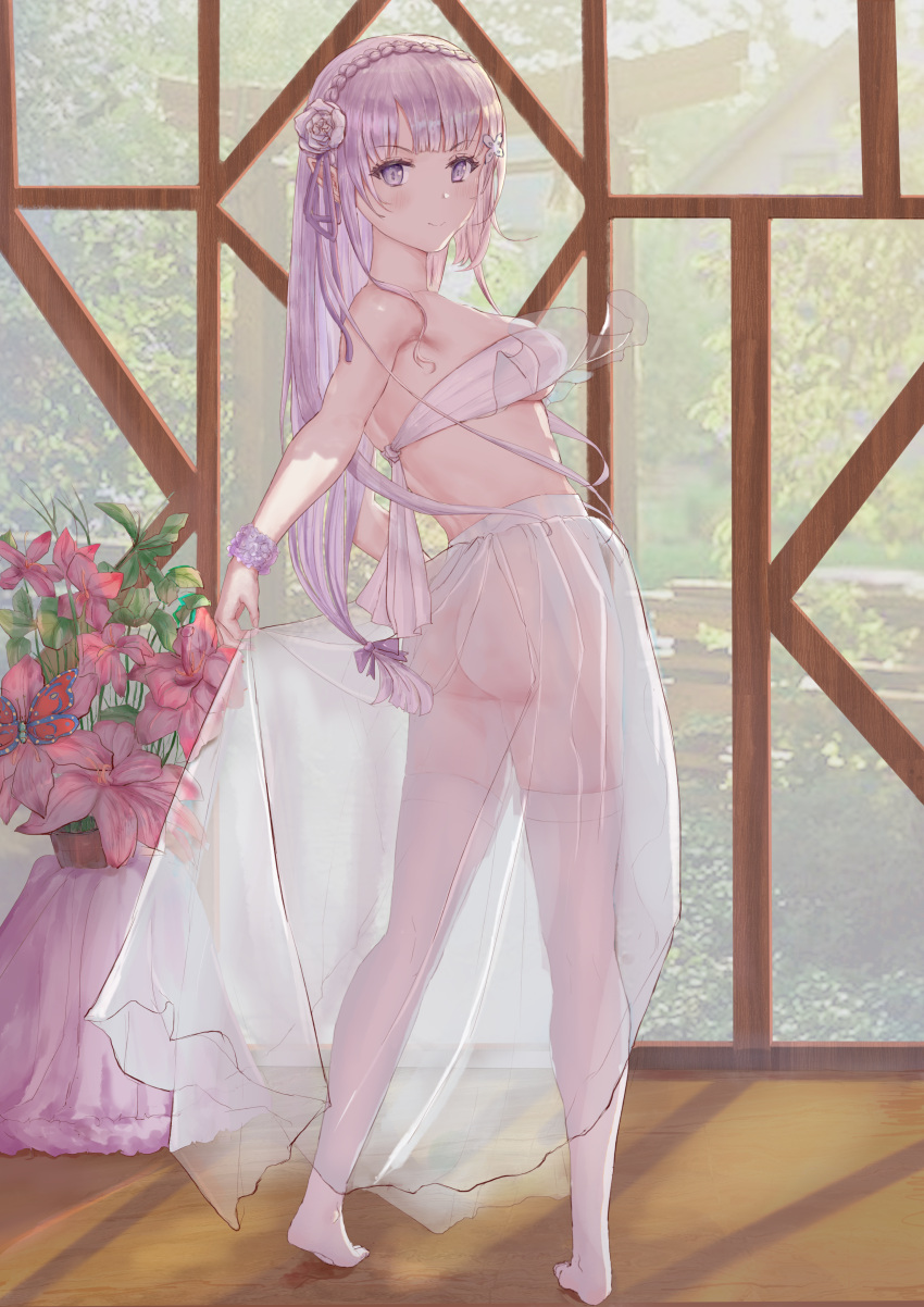 1girls absurd_res ass big_ass breasts dat_ass elf elf_ears elf_female emilia_(re:zero) flower_in_hair freedom_(artist) large_breasts legwear long_hair no_panties partially_clothed pointy_ears purple_eyes re:zero_kara_hajimeru_isekai_seikatsu silver_hair solo solo_female teenage_girl teenager