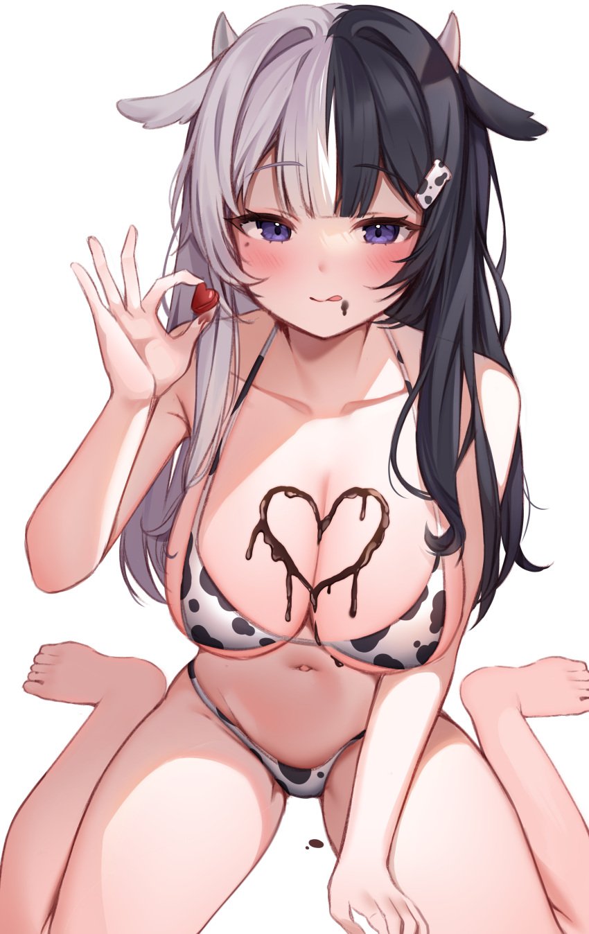 1girls :q absurdres animal_ears animal_print bare_arms bare_shoulders barefoot between_legs bikini black_hair breasts cherry chocolate cleavage closed_mouth collarbone cow_ears cow_horns cow_print cute female food fringe fruit hair_ornament hairclip halterneck hand_up heart highres holding horns irl large_breasts long_hair multicolored_hair naughty_face navel original petite png purple_eyes reel_(riru) sitting smile solo stomach string_bikini swimsuit teenager thighs tongue tongue_out two-tone_hair two_tone_hair valentine valentine's_day violet_eyes wariza white_bikini white_hair