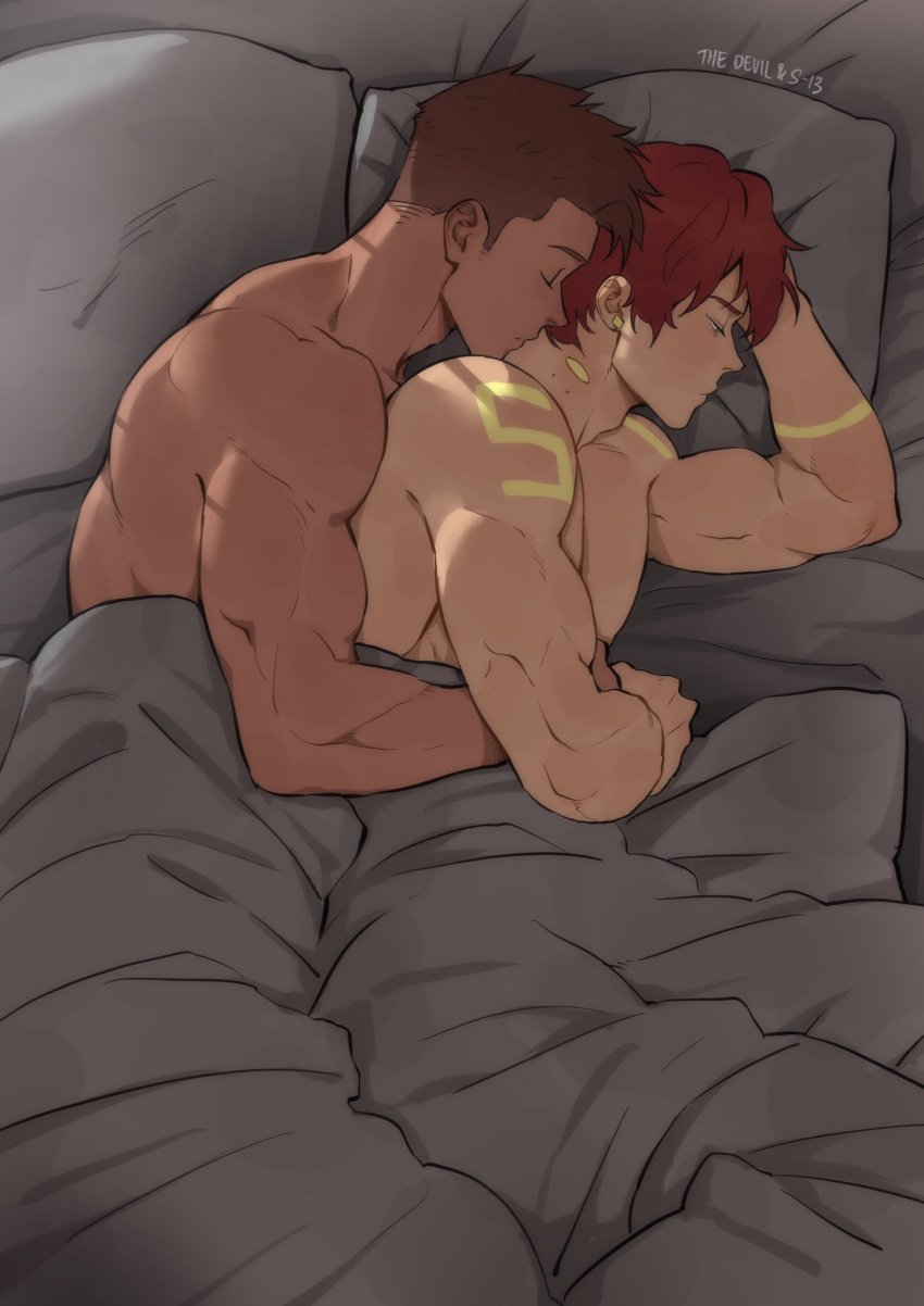 2boys bara bed bedroom bl brown_hair canon_couple closed_eyes couple dark_skin gay highres hug hugging love male male_focus male_only morning muscles muscular muscular_male original_character red_hair romantic romantic_ambiance romantic_couple s-12 sad sleeping spoon_position spooning suyohara tan_skin the_devil_and_s-13 wake_up wholesome yaoi