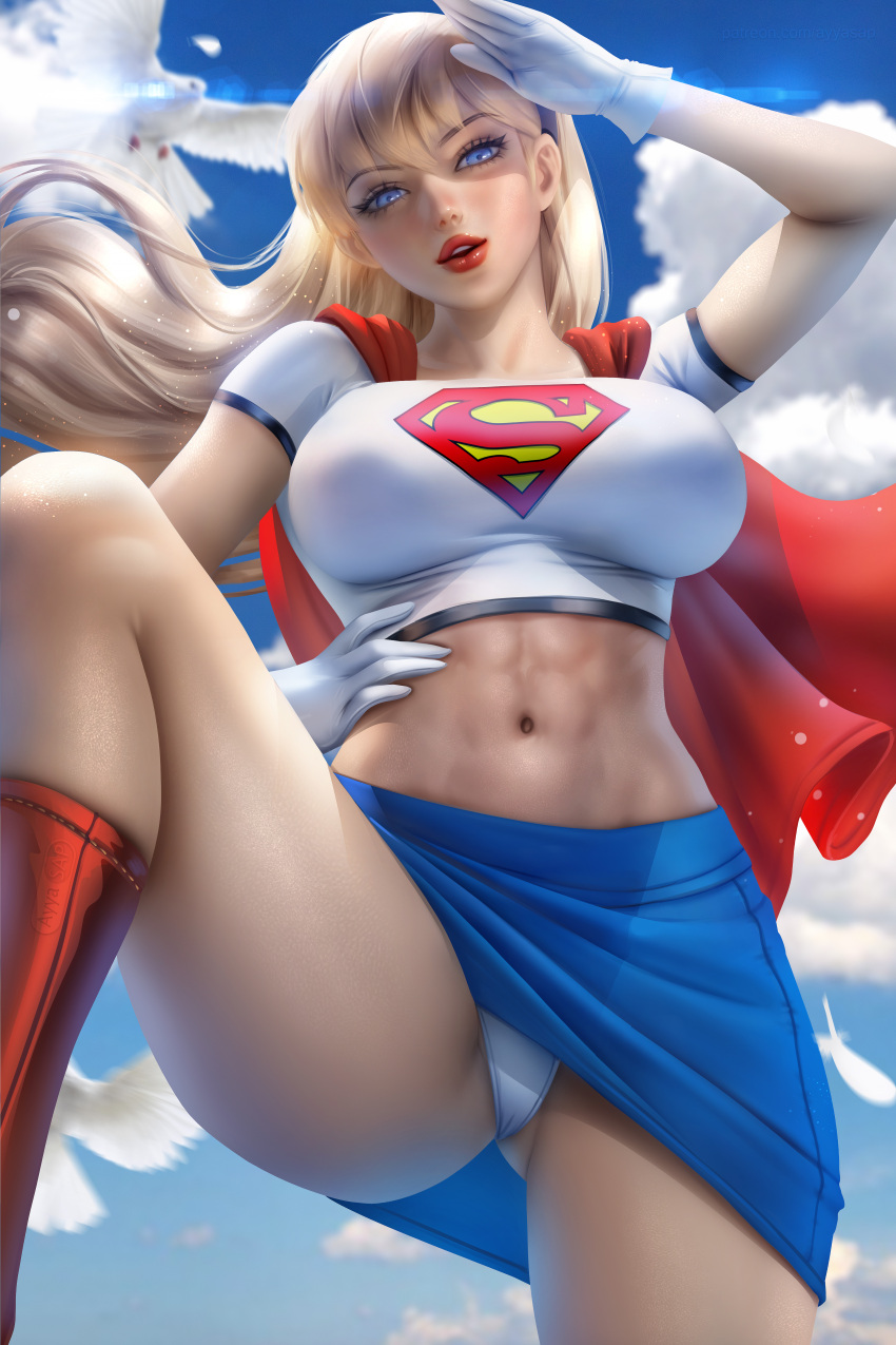 abs arm_up ayyasap bangs big_breasts bird blonde_hair blue_eyes blue_skirt boots breasts busty cape clothed clothed_female clouds dc female female_focus female_only fit fit_female girls gloves hairband hand_on_waist hips kara_zor-el kryptonian large_breasts leg_up light-skinned_female light_skin linda_danvers lipstick looking_at_viewer low-angle_view navel panties realistic red_boots red_cape red_lips red_lipstick salute shirt skirt sky slim_girl slim_waist solo solo_female solo_focus supergirl supergirl_(series) superheroine superman:_the_animated_series superman_(series) thick_thighs thighs toned toned_female toned_stomach underwear white_gloves white_panties white_underwear wide_hips