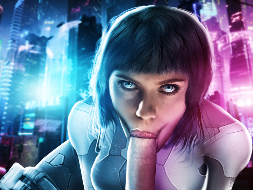 1girls :>= celebrity city fellatio ghost_in_the_shell ghost_in_the_shell_(2017) kusanagi_motoko oral pog pogchamp scarlett_johansson sucking_penis