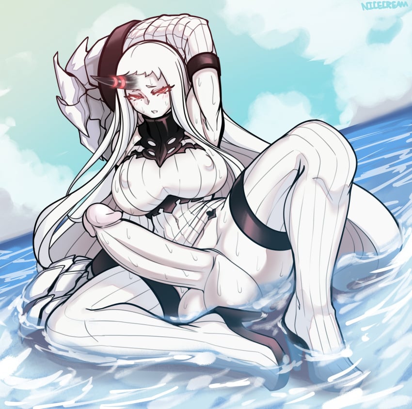 1futa armpits balls bare_shoulders big_breasts bottomless breasts clothed clothing erection futa_only futanari humanoid humanoid_penis kantai_collection large_balls large_breasts large_penis long_hair nicecream partially_clothed penis seaport_hime sitting solo sweater testicles thick_thighs thighhighs water white_hair wide_hips