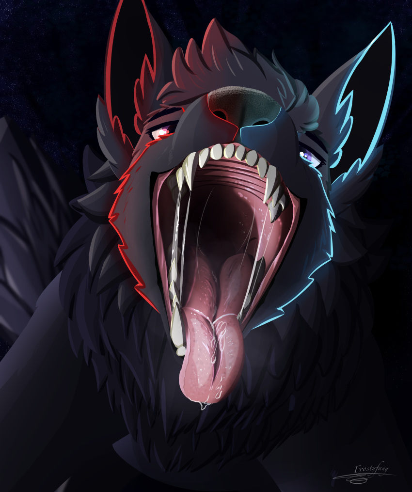 anthro black_fur black_tail blue_eye canine ears_up furry furry_ears furry_male furry_only furry_tail glowing implied_oral maw mawshot mouth open_mouth red_eye saliva shinyumbra tail teeth tongue tongue_out umbra vore wolf