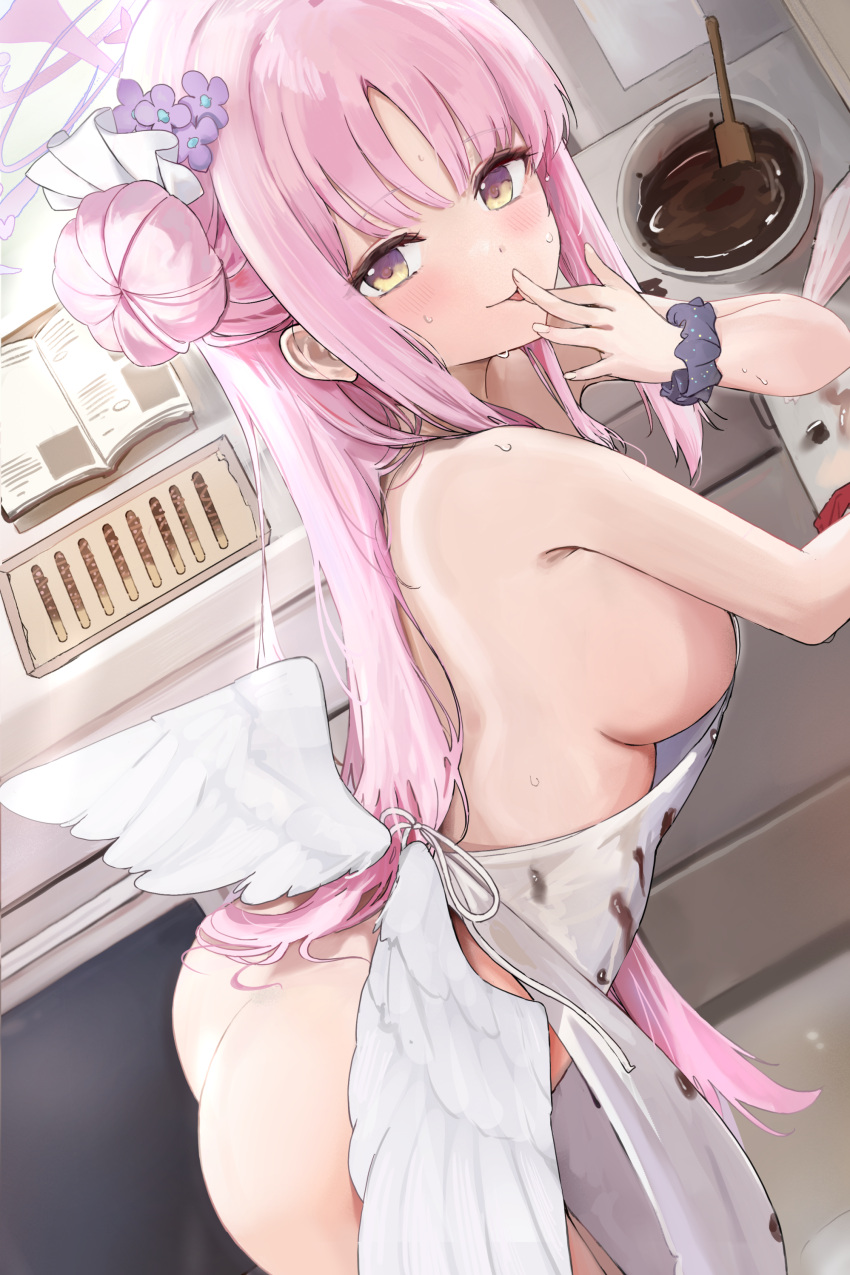 1girls absurdres angel_wings apron armpit_crease ass black_scrunchie blue_archive blush book bowl breasts chocolate_making chocolate_on_clothes closed_mouth commentary feathered_wings female finger_to_tongue fingernails flower food frilled_ribbon frills gokineko_(roachcat) hair_bun hair_flower hair_ornament hair_ribbon halo heart highres indoors kitchen large_breasts leaning_forward long_hair looking_at_viewer low_wings mika_(blue_archive) naked_apron open_book pastry_bag pink_flower pink_hair pink_halo pocky recipe_(object) ribbon scrunchie sideboob single_side_bun smile solo starry_sky_print sweat symbol-only_commentary tea_party_(blue_archive) thighs tongue tongue_out tray trinity_general_school_student white_apron white_ribbon white_wings wings wooden_spoon wrist_scrunchie yellow_eyes