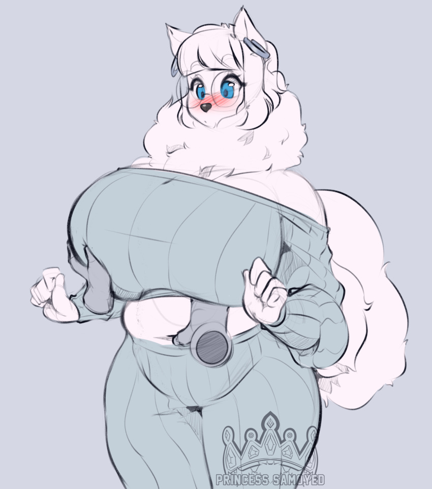 anthro big_breasts blue_eyes blush breasts breasts_bigger_than_head canid canine cumu disembodied_hand earrings exposed_shoulders female female_focus furry groping huge_breasts midriff princess_samoyed princesssamoyed samoyed sweater white_fur white_hair