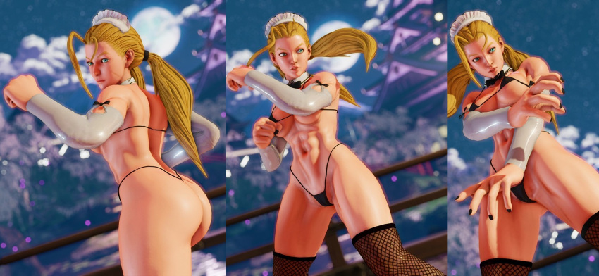 3d abs big_ass big_breasts bikini blonde_hair blue_eyes bridges cammy_white capcom female female_only maid maid_uniform nakikawa painted_nails posing stockings street_fighter street_fighter_v string_bikini thick_thighs uniform wide_hips