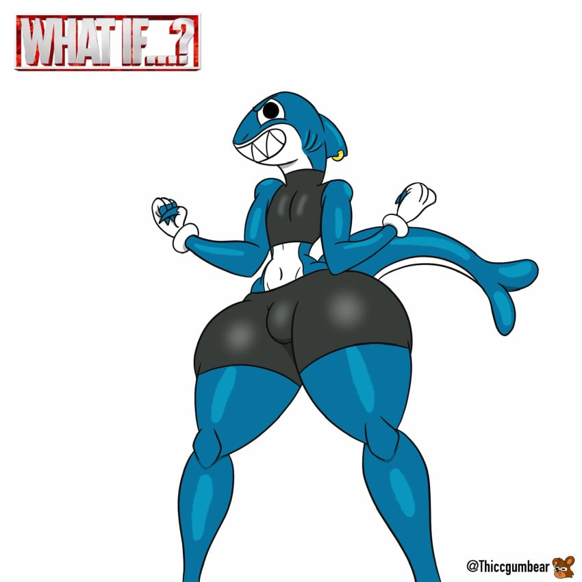 belly belly_button big_ass big_butt blue_skin bulge crop_top crossdressing crossover curvy digital_media_(artwork) earrings femboy fin fist piercing posing ripped_clothing shark shark_tail shark_teeth shiny_skin shorts thiccgumbear thick_thighs