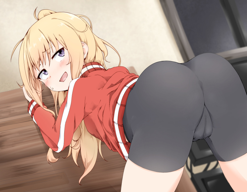 1girls absurdres ass bike_shorts black_shorts blonde_hair blush cameltoe female female_focus from_behind gabriel_dropout highres jacket legs_apart long_hair looking_back myauchuchu open_mouth ponytail presenting purple_eyes red_jacket shorts smile solo tenma_gabriel_white thighs track_jacket