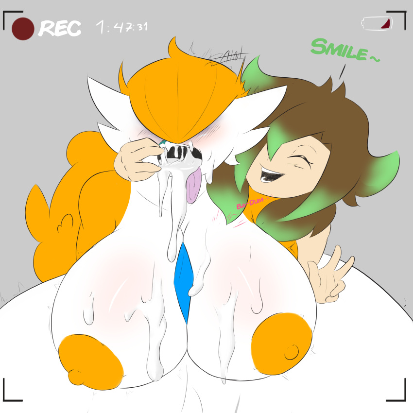 1girls broken cum_in_mouth forced_smile gardevoir happy huge_breasts inflation mango_(shewiff) not_paint orange_hair original_character paint_(not_paint) pokemon pokemon_(species) recording tagme