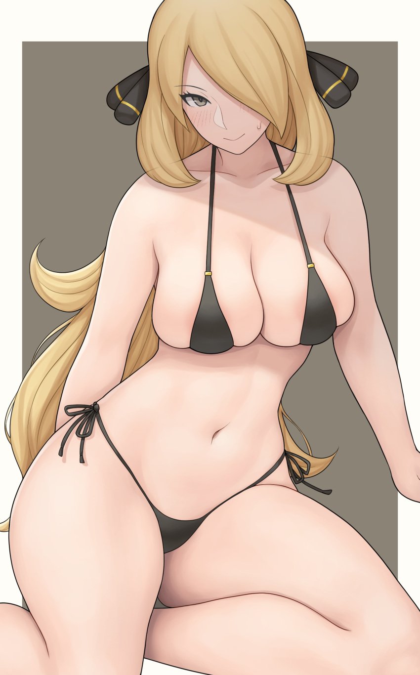 1girls bikini breasts cynthia_(pokemon) eye_contact female female_focus female_only hair_ornament looking_at_viewer mogtate nintendo pokemon pokemon_dppt solo thick_thighs wide_hips