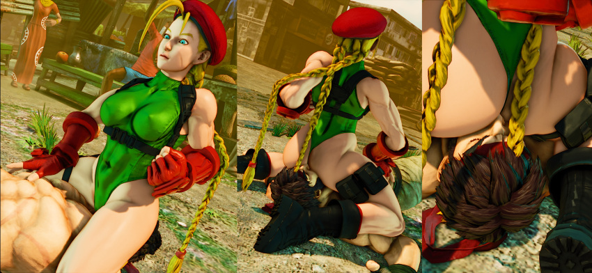 3d blonde_hair bridges cammy_white capcom embarrassed fat_ass large_breasts leotard leotard_wedge nakikawa nipple_bulge nose_in_anus ryu_(street_fighter) sitting_on_face sitting_on_person sniffing stinkface street_fighter street_fighter_v thick_thighs