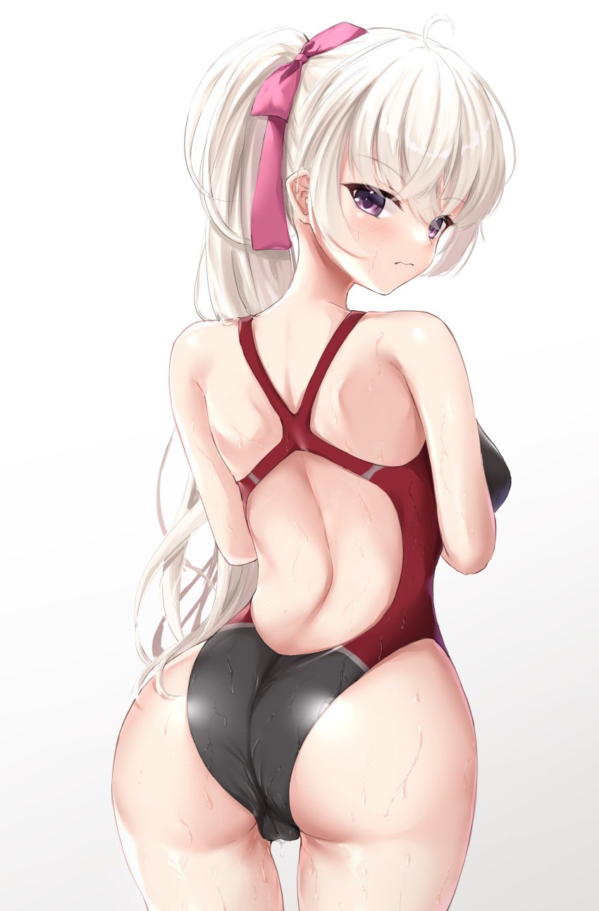 absurdres akizuki_kanna ass back bangs black_swimsuit cafe_stella_to_shinigami_no_chou cameltoe closed_mouth commentary_request competition_swimsuit crossed_bangs eyebrows_visible_through_hair female female from_behind frown gradient gradient_background hair_ribbon highres long_hair looking_at_viewer looking_back ncontrail_(mgax7527) one-piece_swimsuit platinum_blonde_hair ponytail purple_eyes ribbon shoulder_blades simple_background solo standing swimsuit taut_clothes taut_swimsuit wet white_background yuzu-soft