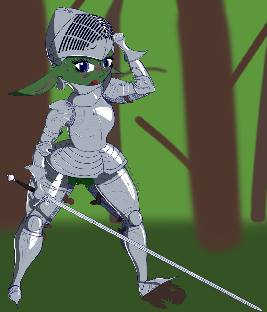 armor blush exhibitionism exhibitionist forest goblin goblin_female green_skin knight medieval_armour princess_in_yellow pussy pussy_juice sword zweihander