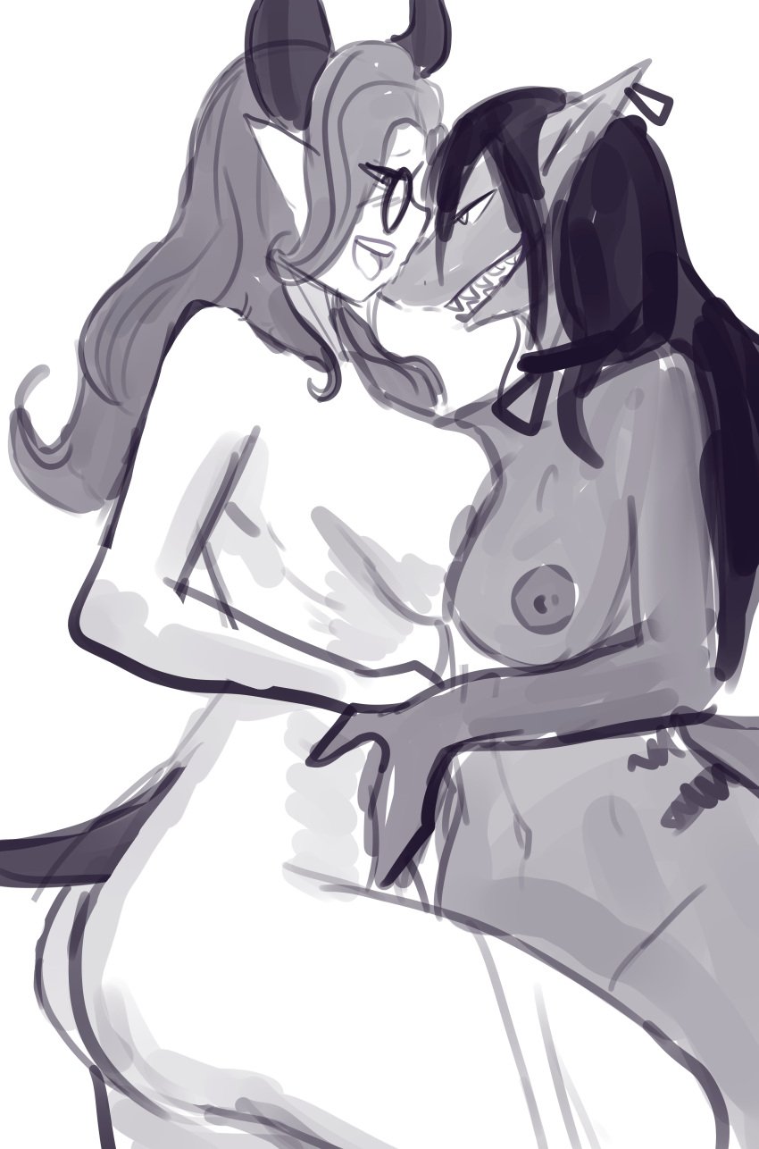 2girls artist_request black_and_white furry galath glasses horns kelly_(galaths_friends) naked roblox roblox_avatar shark sharp_teeth source_request succubus tagme tail thick yuri