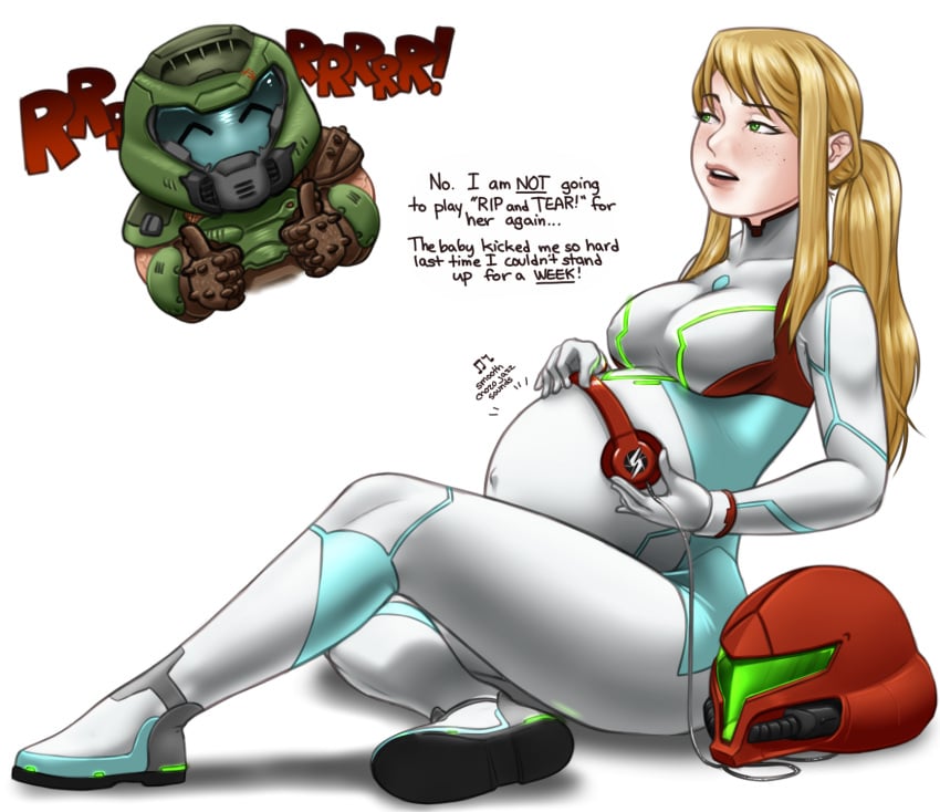 1boy 1boy1girl 1girls 2d armor bethesda_softworks big_breasts blonde_hair breasts celesseshading chibi crossover crossover_pairing crossover_shipping doom doom_slayer_(doom) english_text female good_end green_eyes headphones helmet id_software male metroid microsoft nintendo pregnancy pregnant samus_aran unexpectedly_good wholesome zero_suit