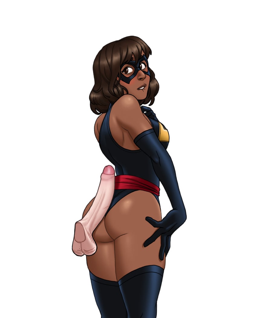 1girls ass big_balls big_penis biting_own_lip bleepideeboop blush brown_hair costume dark-skinned_female dark_skin disembodied_penis female female_focus foreskin hero_costume interracial kamala_khan large_penis light-skinned_male light_skin looking_back male marvel marvel_comics middle_eastern ms._marvel_(carol_danvers)_(cosplay) muslim muslim_female pakistani pakistani_female penis penis_on_ass petite rear_view skimpy skimpy_clothes skimpy_outfit superhero_costume superheroine teen thighhighs uncircumcised uncut white_background