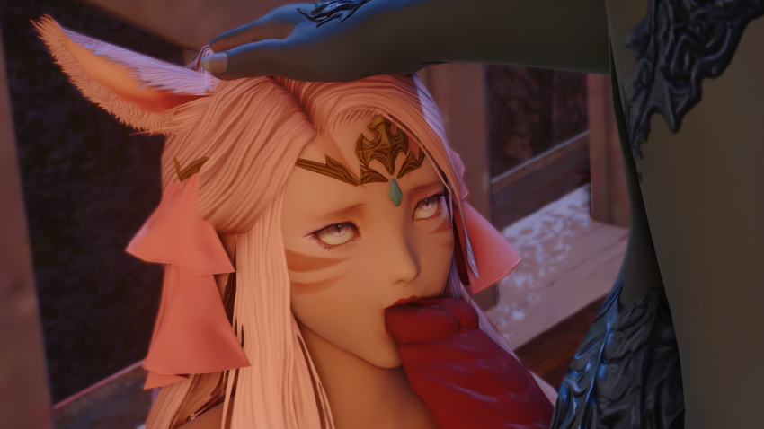 3d au_ra blowjob canine_penis cat_ears cat_tail catgirl final_fantasy final_fantasy_xiv gpose(ffxiv) knotted_penis licking_penis miqo'te pink_eyes pink_hair shiori_rosebrace srosebrace xaela