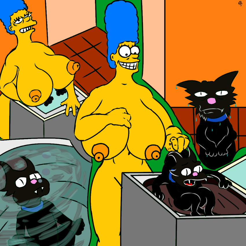 1girls bath bathroom big_breasts big_butt black_fur domestic_cat erect_nipples feline flat_colors house_cat housewife indoors marge_simpson milf naked naked_female pet smiling snowball the_simpsons thick_thighs wide_hips yellow_body yellow_skin