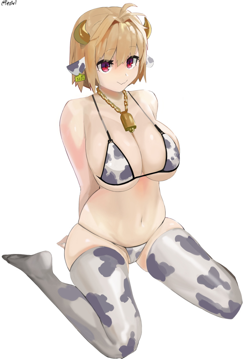 alternate_costume arcueid_brunestud arms_behind_back big_breasts bikini blonde_hair cleavage cow_bikini cow_ears cow_girl cow_horns cow_print cow_print_thighhighs cowbell ear_tag female female_only firstw1 full_body hair_intakes hi_res looking_at_viewer necklace no_shoes red_eyes short_hair sitting smile solo thighhighs tsukihime type-moon wariza zettai_ryouiki