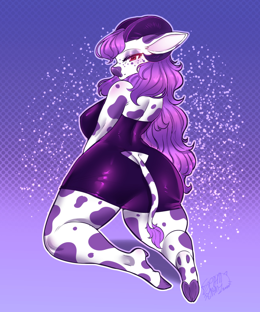 5:6 absurd_res bovid bovine cattle clothing comm cow_girl dress hi_res invalid_tag latex long_hair mammal purple_hair spamjamz