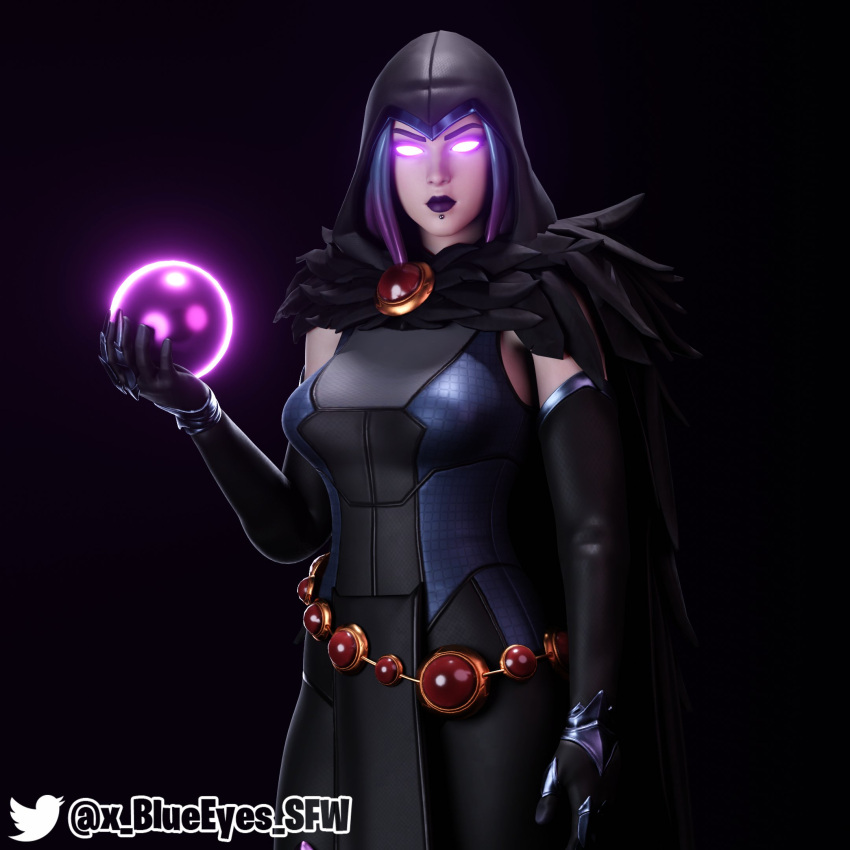 1girls 3d armwear cape cloak clothed clothing dc dc_comics female female_only fit fit_female forehead_jewel fortnite fully_clothed glowing_eyes goth goth_girl hood hood_up human leotard light-skinned_female light_skin lip_piercing looking_at_viewer rachel_roth raven_(dc) raven_(fortnite)_(dc) solo solo_female superheroine teen_titans thighhighs x_blueeyes_sfw