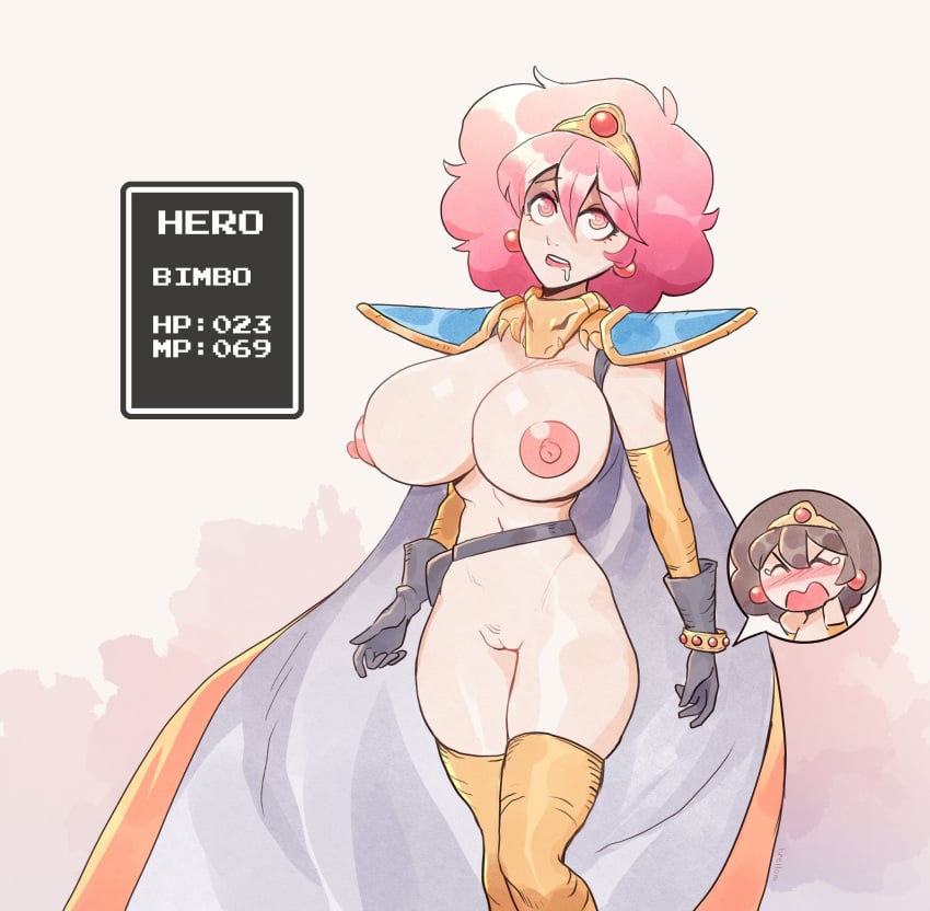 1girls artist_self-insert aware big_breasts bimbo bimbofication brain_drain brellom brellom_(character) brellomascot brells brown_hair cape corruption dragon_quest drooling edit embarrassed exposed_breasts exposed_pussy female female_only femsub game_mechanics large_breasts pink_eyes pink_hair self_insert short_hair simple_background spiral_eyes stockings text thick_thighs transformation