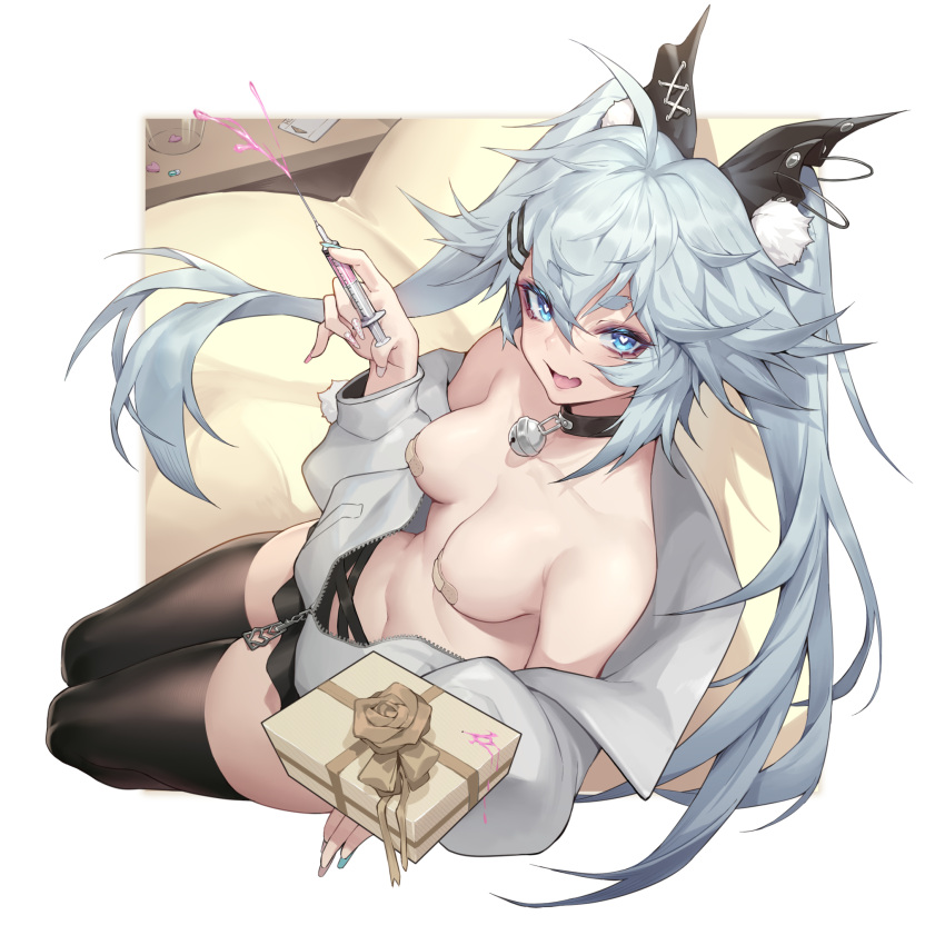 ahoge bandaid bandaids_on_nipples bangs bell black_collar black_legwear black_skirt blue_nails box breasts collar eyebrows_visible_through_hair female fingernails florence_(girls'_frontline_nc) gift girls'_frontline girls'_frontline_neural_cloud grey_jacket hair_between_eyes hair_ornament hairclip heart heart-shaped_pupils highres holding holding_box holding_syringe jacket jingle_bell long_fingernails long_hair long_sleeves looking_at_viewer medium_breasts miniskirt multicolored_nails nail_polish navel neck_bell open_clothes open_jacket open_mouth pasties puffy_long_sleeves puffy_sleeves purple_nails shanyao_jiang_tororo short_eyebrows silver_hair skirt solo stomach symbol-shaped_pupils syringe thick_eyebrows thighhighs twintails very_long_hair