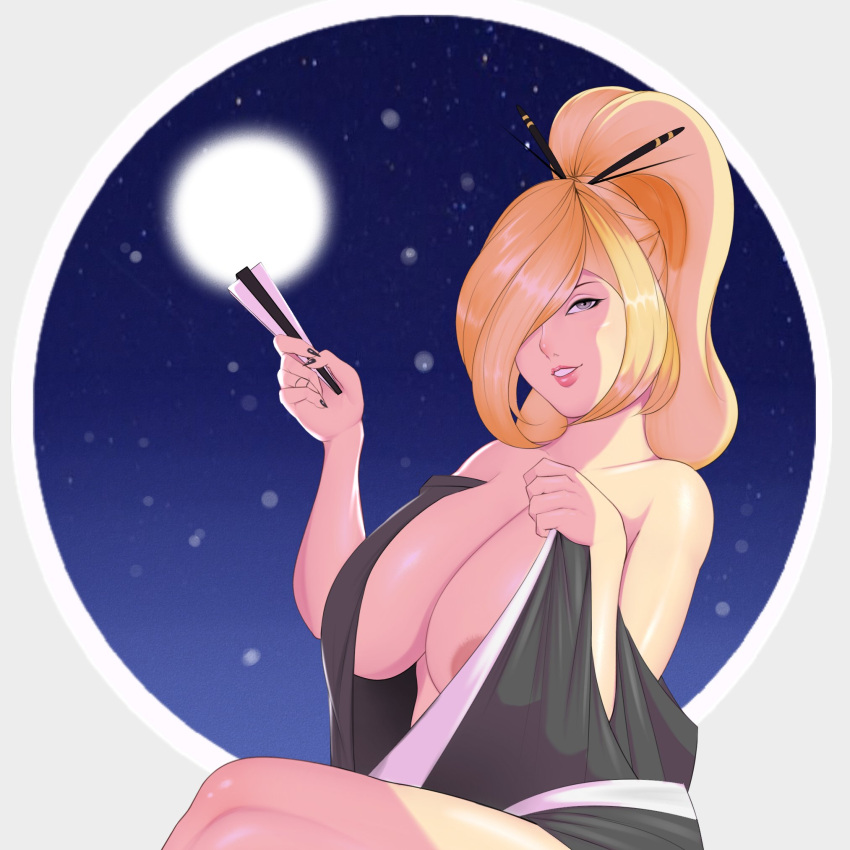 blonde_hair cynthia_(pokemon) female female_only feudal_japan hair_over_one_eye kimono m_jr_art milf pokemon pokemon_champion pokemon_dppt pokemon_legends:_arceus