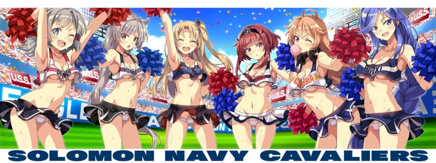 6+girls 8:3_aspect_ratio ahoge alternative_costume armpits arms_up azur_lane bangs bare_shoulders biloxi_(azur_lane) birmingham_(azur_lane) black_skirt blonde_hair blue_eyes blue_hair blue_hairband blue_shirt blush braid breasts bubble_blowing character_name cheering cheerleader chewing_gum clavicle cleavage cleveland_(azur_lane) closed_eyes cloud columbia_(azur_lane) cowboy_shot crop_top crop_top_overhang day denver_(azur_lane) english english_text eyebrows_visible_through_hair eyes_visible_through_hair female hair_between_eyes hair_ears hairband headphones headphones_around_neck holding holding_pom_poms long_braid long_hair looking_at_viewer macaroni_hourensou medium_breasts midriff miniskirt montpelier_(azur_lane) multiple_girls navel no_bra one_arm_up one_eye_closed one_side_up open_mouth outdoors panchira pantsu pleated_skirt pom_poms purple_shirt purple_skirt red_eyes red_hair shirt short_hair short_hair_with_long_locks short_twintails side-tie_panties sidelocks silver_hair single_braid skirt sky sleeveless sleeveless_shirt small_breasts smile sportswear stadium standing sweat teeth text text_on_clothes tied_hair tongue twintails underboob underwear uniform very_long_hair white_panties white_shirt white_skirt white_underwear