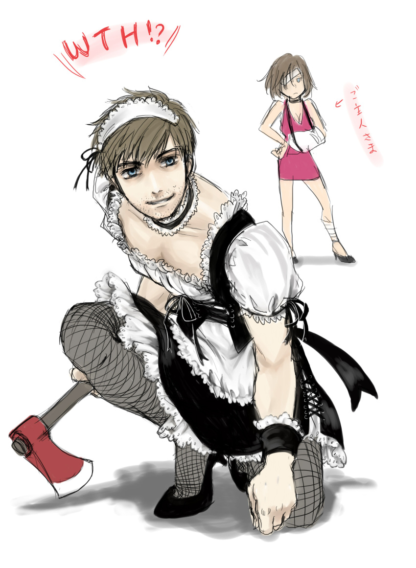 1boy 1girls alternate_costume apron axe blue_eyes choker crossdressing eileen_galvin facial_hair female fishnets frilled_dress frills full_body henry_townshend looking_at_viewer maid_headdress maid_uniform male male_focus silent_hill silent_hill_4 smile stubble weapon